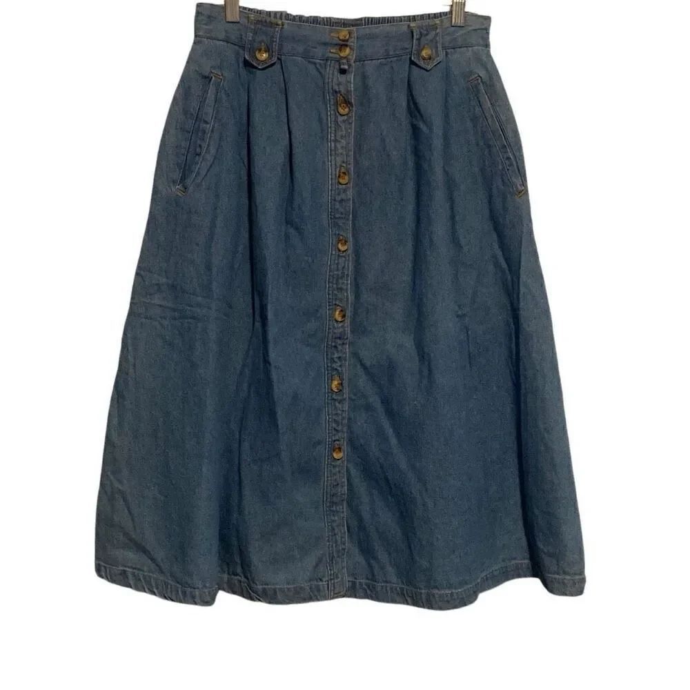 Vintage Allison Smith Button Front Pleated Denim Midi Skirt Blue Size 14P